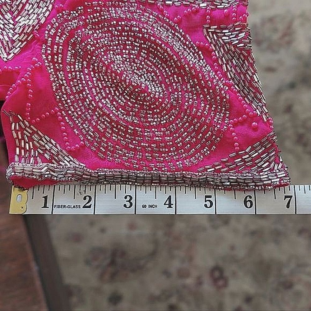Vtg fuschia beaded silk half sleeve boat neck V back blouse - Picture 12 of 16